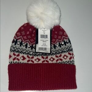 Red and White Knit Beanie with Pom Pom